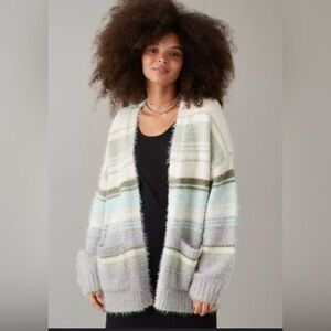 American Eagle Fuzzy Striped Open-Front Cardigan – Women’s Small